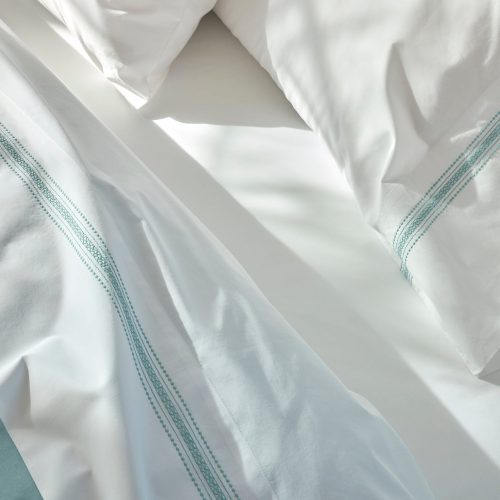 Landscape Embroidered Organic Percale Sheet Set - Coyuchi | Alpine White w/Pacific Blue