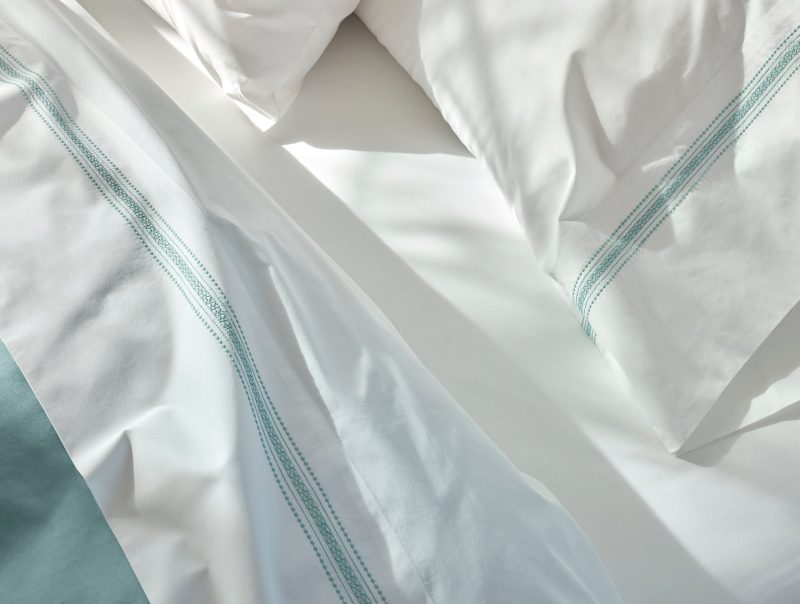 Landscape Embroidered Organic Percale Sheet Set - Coyuchi | Alpine White w/Pacific Blue