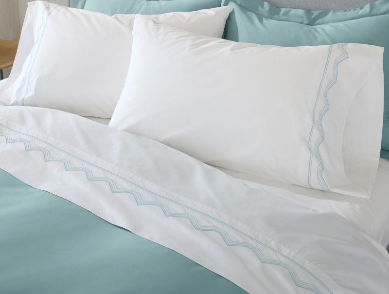 Vista Embroidered Organic Pillowcases - Coyuchi | Alpine White w/Pacific Blue