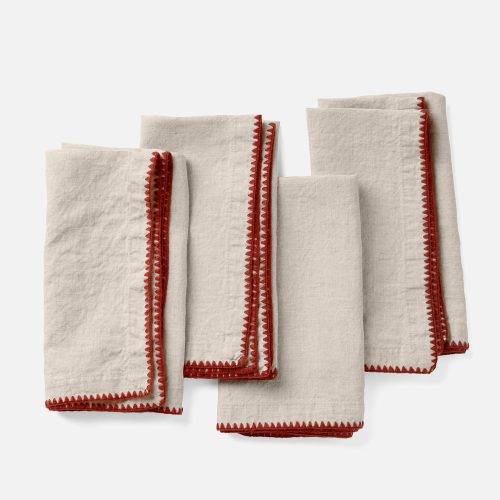 Olivos Embroidered Organic Linen Napkins | Natural Chambray w/Claret