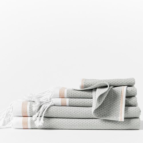 Mediterranean Organic 6 pc Set (2 bath towels, 2 guest towels, 2 wash cloths) | Deep Pewter w/ Tangerine Stripe