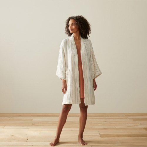 Women's Matelassé Organic Robe | Undyed w/Warm Stripe