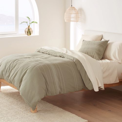 Rippled Stripe Organic Duvet Cover | Aloe w/Neutrals